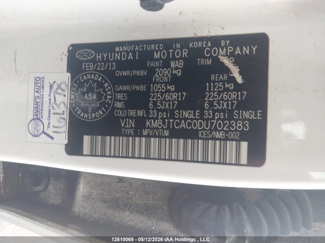 2013 Hyundai Tucson Gl მანქანა იყიდება აუქციონზე, vin: KM8JTCAC0DU702383, აუქციონის ნომერი: 12610069