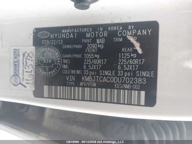 2013 Hyundai Tucson Gl მანქანა იყიდება აუქციონზე, vin: KM8JTCAC0DU702383, აუქციონის ნომერი: 12610069