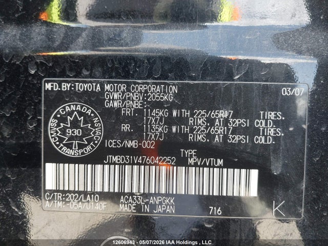 12606943 :رقم المزاد ، JTMBD31V476042252 vin ، 2007 Toyota Rav4 Limited مزاد بيع