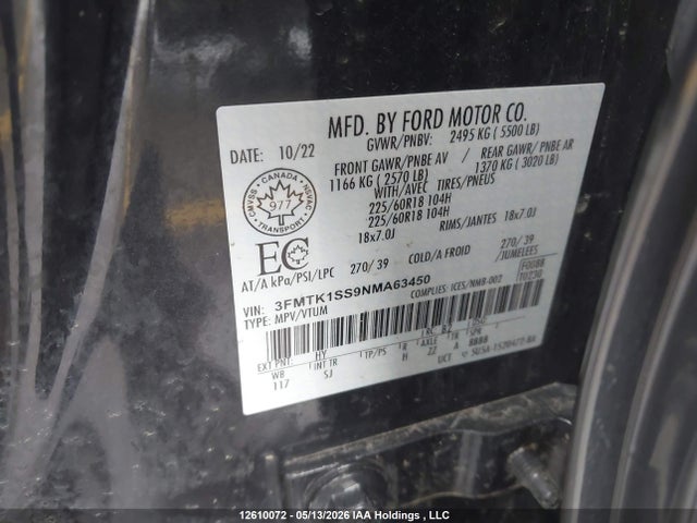 12610072 :رقم المزاد ، 3FMTK1SS9NMA63450 vin ، 2022 Ford Mustang Mach-e Select مزاد بيع