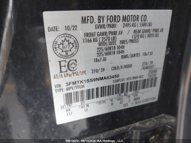 12610072 :رقم المزاد ، 3FMTK1SS9NMA63450 vin ، 2022 Ford Mustang Mach-e Select مزاد بيع