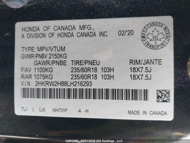 2HKRW2H88LH216293 Honda Cr-v Ex-l