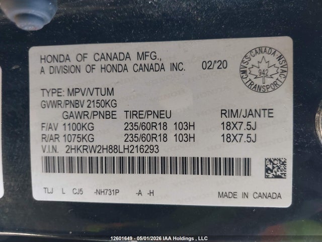 2HKRW2H88LH216293 Honda Cr-v Ex-l