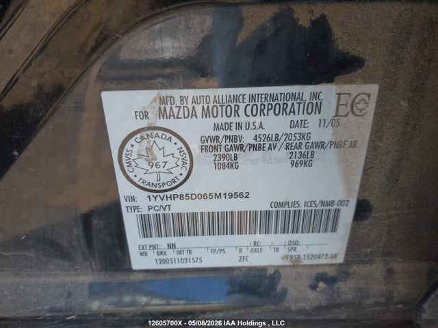 2006 Mazda Mazda6 Gt-v6 მანქანა იყიდება აუქციონზე, vin: 1YVHP85D065M19562, აუქციონის ნომერი: 12605700