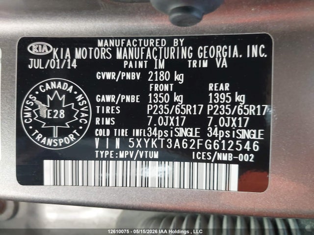 5XYKT3A62FG612546 KIA SORENTO LX