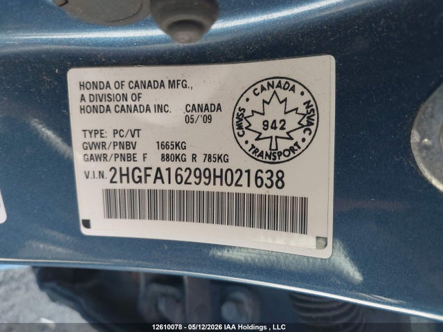 Aukcja sprzedaży 2009 Honda Civic Dx, vin: 2HGFA16299H021638, numer aukcji: 12610078