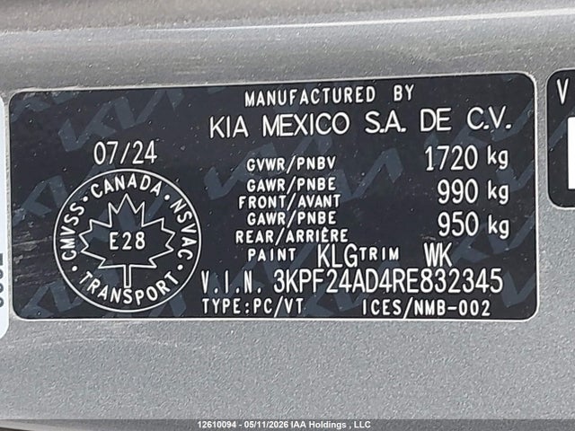 12610094 :رقم المزاد ، 3KPF24AD4RE832345 vin ، 2024 Kia Forte Lx/lxs مزاد بيع