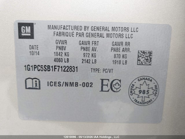 Продаж на аукціоні авто 2015 Chevrolet Cruze 1lt, vin: 1G1PC5SB1F7122831, номер лоту: 12610096