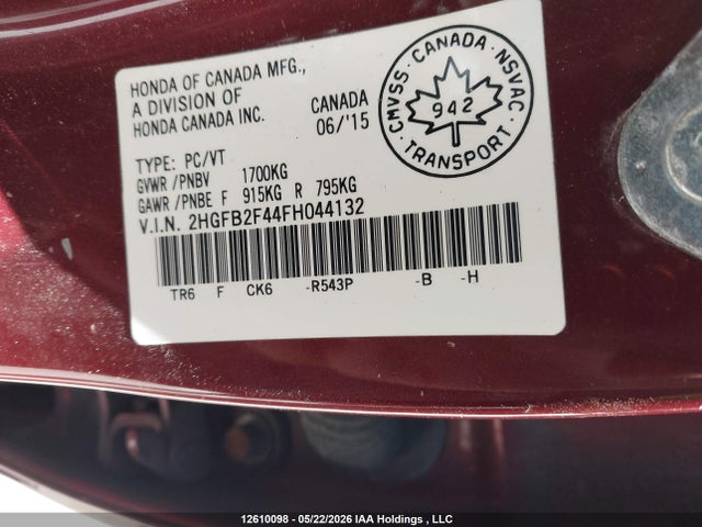 12610098 :رقم المزاد ، 2HGFB2F44FH044132 vin ، 2015 Honda Civic Lx مزاد بيع