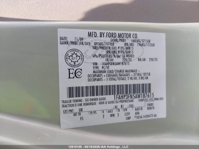 2010 Ford Focus მანქანა იყიდება აუქციონზე, vin: 1FAHP3FN5AW187615, აუქციონის ნომერი: 12610105