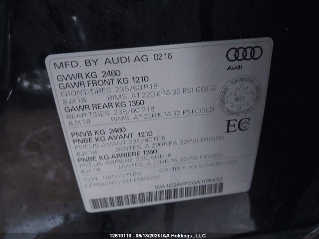 2016 Audi Q5 Premium მანქანა იყიდება აუქციონზე, vin: WA1C2AFP2GA109432, აუქციონის ნომერი: 12610110