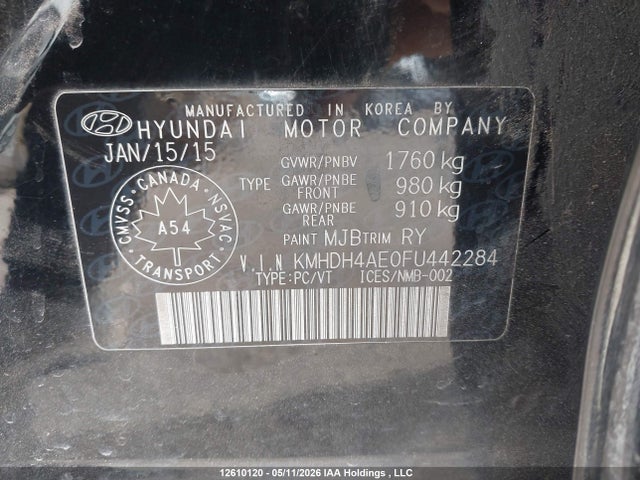 2015 Hyundai Elantra Se/sport/limited მანქანა იყიდება აუქციონზე, vin: KMHDH4AE0FU442284, აუქციონის ნომერი: 12610120