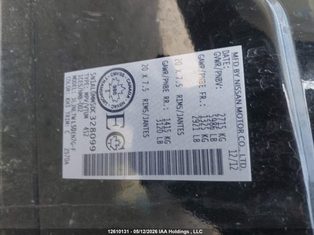 Aukcja sprzedaży 2013 Infiniti Jx35, vin: 5N1AL0MM5DC328099, numer aukcji: 12610131