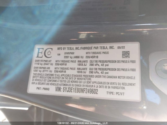 Продажа на аукционе авто 2022 Tesla Model 3 Long Range, vin: 5YJ3E1EB0NF249602, номер лота: 12610132