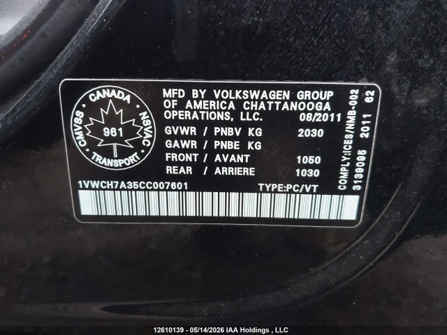 12610139 :رقم المزاد ، 1VWCH7A35CC007601 vin ، 2012 Volkswagen Passat Sel مزاد بيع