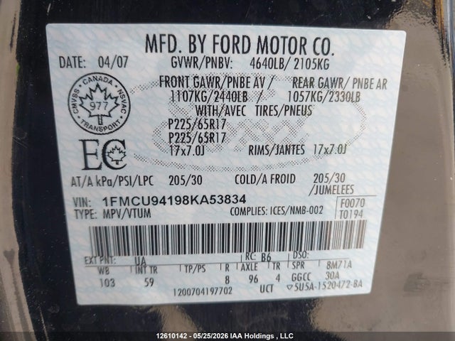 Продаж на аукціоні авто 2008 Ford Escape Limited, vin: 1FMCU94198KA53834, номер лоту: 12610142
