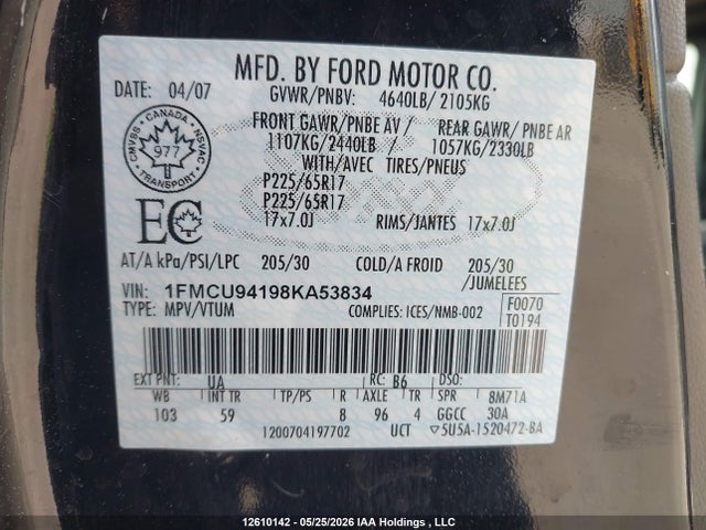 Продаж на аукціоні авто 2008 Ford Escape Limited, vin: 1FMCU94198KA53834, номер лоту: 12610142