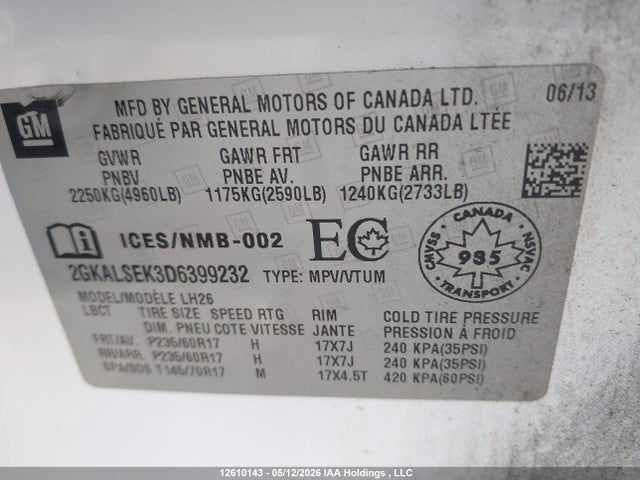 Aukcja sprzedaży 2013 Gmc Terrain, vin: 2GKALSEK3D6399232, numer aukcji: 12610143