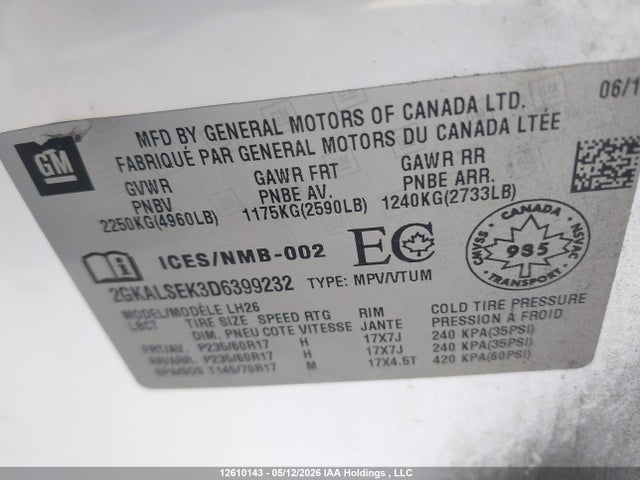 Aukcja sprzedaży 2013 Gmc Terrain, vin: 2GKALSEK3D6399232, numer aukcji: 12610143