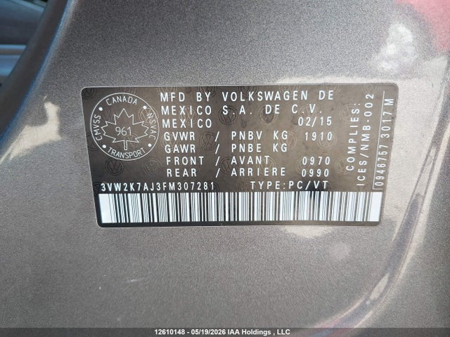 2015 Volkswagen Jetta S მანქანა იყიდება აუქციონზე, vin: 3VW2K7AJ3FM307281, აუქციონის ნომერი: 12610148