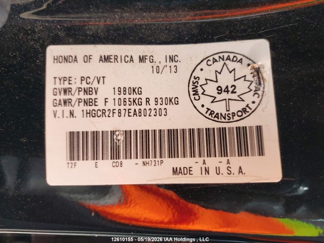 12610155 :رقم المزاد ، 1HGCR2F87EA802303 vin ، 2014 Honda Accord مزاد بيع
