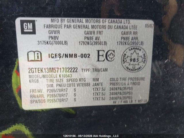 12610156 :رقم المزاد ، 2GTEK13M571702222 vin ، 2007 Gmc Sierra 1500 All-new Sle/slt/wt مزاد بيع
