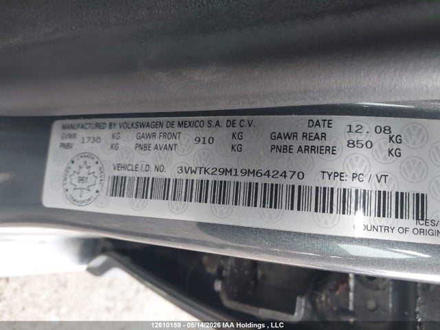 12610159 :رقم المزاد ، 3VWTK29M19M642470 vin ، 2009 Volkswagen City Jetta مزاد بيع