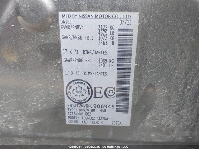 Продажа на аукционе авто 2015 Nissan Rogue S/sl/sv, vin: 5N1AT2MV6FC906945, номер лота: 12599081