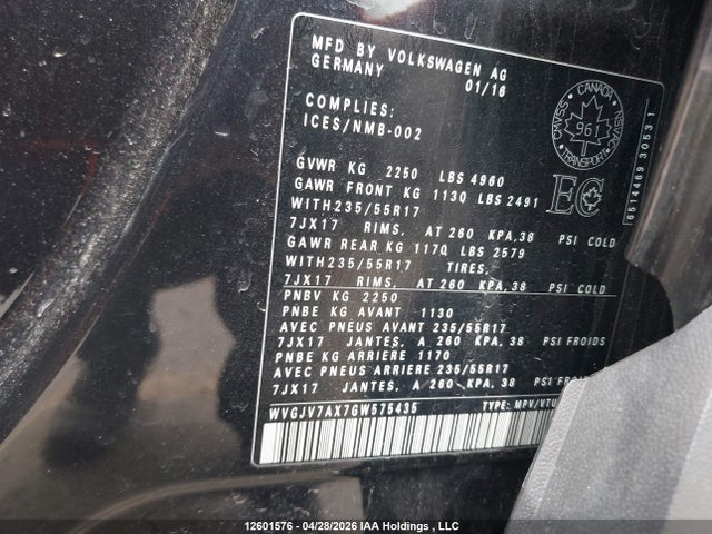 WVGJV7AX7GW575435 Volkswagen Tiguan Comfortline/highline/special Edition
