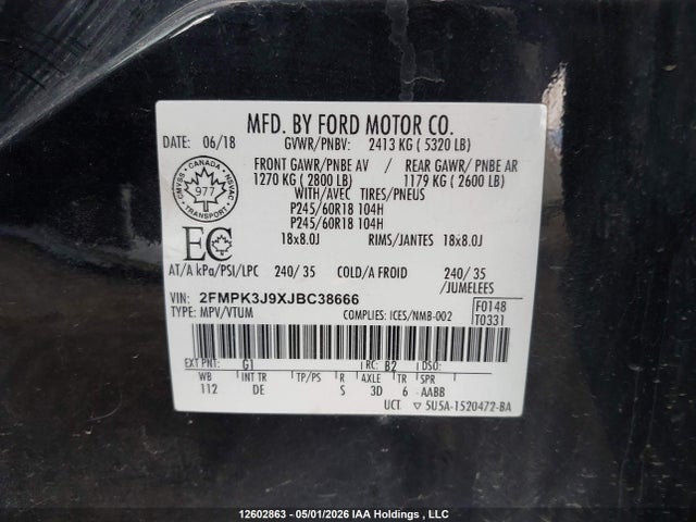 Продажа на аукционе авто 2018 Ford Edge Sel, vin: 2FMPK3J9XJBC38666, номер лота: 12602863