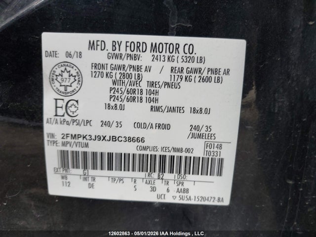 Продажа на аукционе авто 2018 Ford Edge Sel, vin: 2FMPK3J9XJBC38666, номер лота: 12602863