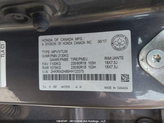 Продажа на аукционе авто 2017 Honda Cr-v Exl, vin: 2HKRW2H86HH123375, номер лота: 12610167