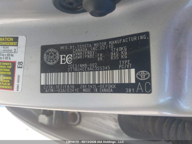 12610170 :رقم المزاد ، 2T1BU4EE9AC355345 vin ، 2010 Toyota Corolla S/le/xle مزاد بيع