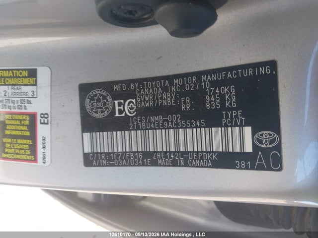 12610170 :رقم المزاد ، 2T1BU4EE9AC355345 vin ، 2010 Toyota Corolla S/le/xle مزاد بيع
