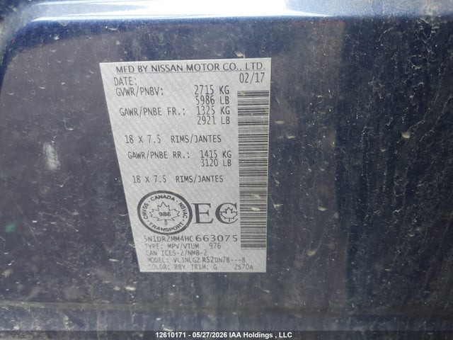 12610171 :رقم المزاد ، 5N1DR2MM4HC663075 vin ، 2017 Nissan Pathfinder مزاد بيع