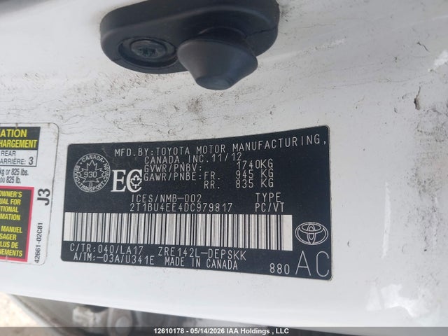 12610178 :رقم المزاد ، 2T1BU4EE4DC979817 vin ، 2013 Toyota Corolla S مزاد بيع
