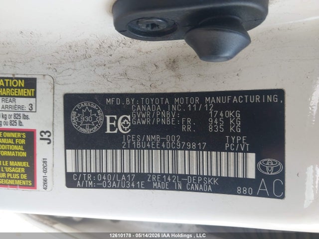 12610178 :رقم المزاد ، 2T1BU4EE4DC979817 vin ، 2013 Toyota Corolla S مزاد بيع