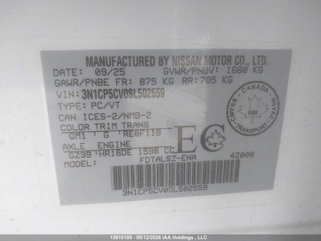 12610180 :رقم المزاد ، 3N1CP5CV0SL502559 vin ، 2025 Nissan Kicks Play Sv مزاد بيع