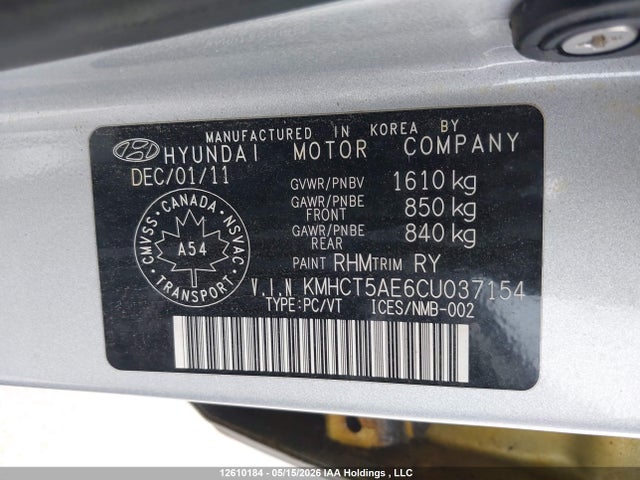 12610184 :رقم المزاد ، KMHCT5AE6CU037154 vin ، 2012 Hyundai Accent Gls/gs مزاد بيع