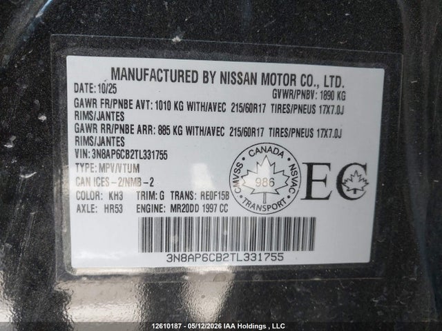 Aukcja sprzedaży 2026 Nissan Kicks Sv, vin: 3N8AP6CB2TL331755, numer aukcji: 12610187