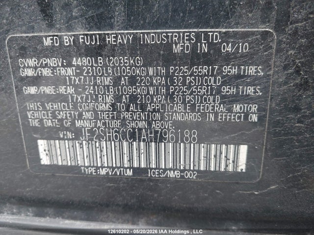Aukcja sprzedaży 2010 Subaru Forester 2.5x Premium, vin: JF2SH6CC1AH796188, numer aukcji: 12610202