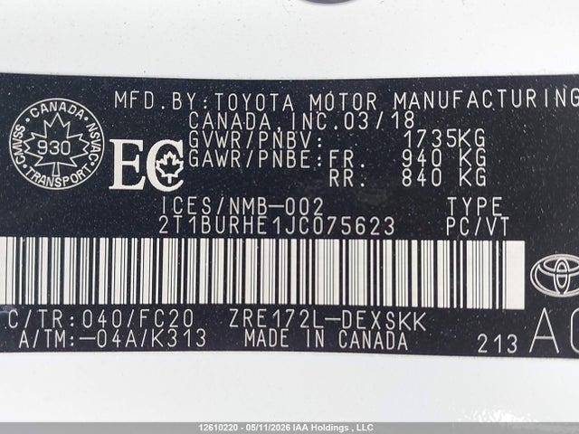 2T1BURHE1JC075623 Toyota Corolla L/le/xle/se/xse
