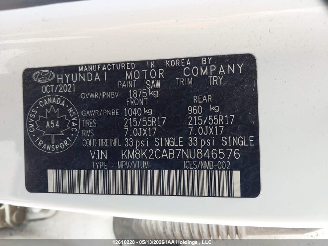 2022 Hyundai Kona Preferred Awd Special Edition მანქანა იყიდება აუქციონზე, vin: KM8K2CAB7NU846576, აუქციონის ნომერი: 12610228