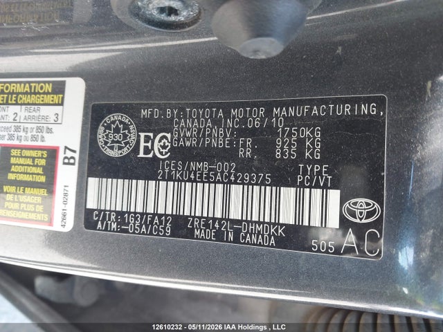 12610232 :رقم المزاد ، 2T1KU4EE5AC429375 vin ، 2010 Toyota Matrix مزاد بيع