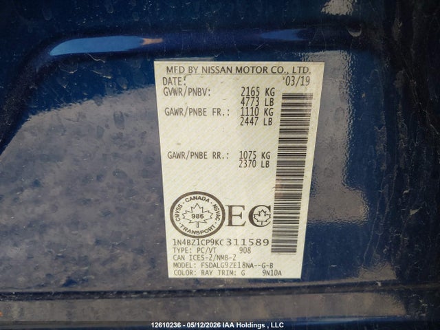 Продажа на аукционе авто 2019 Nissan Leaf S Plus/sl Plus/sv Plus, vin: 1N4BZ1CP9KC311589, номер лота: 12610236