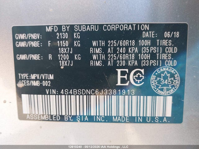 Aukcja sprzedaży 2018 Subaru Outback 2.5i Limited, vin: 4S4BSDNC6J3381913, numer aukcji: 12610240
