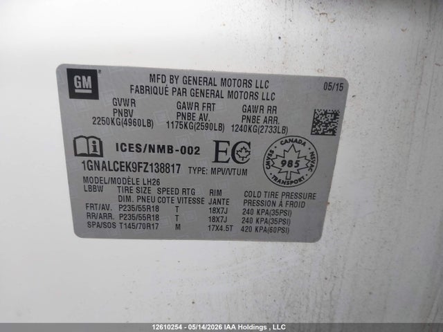 Продаж на аукціоні авто 2015 Chevrolet Equinox Lt, vin: 1GNALCEK9FZ138817, номер лоту: 12610254