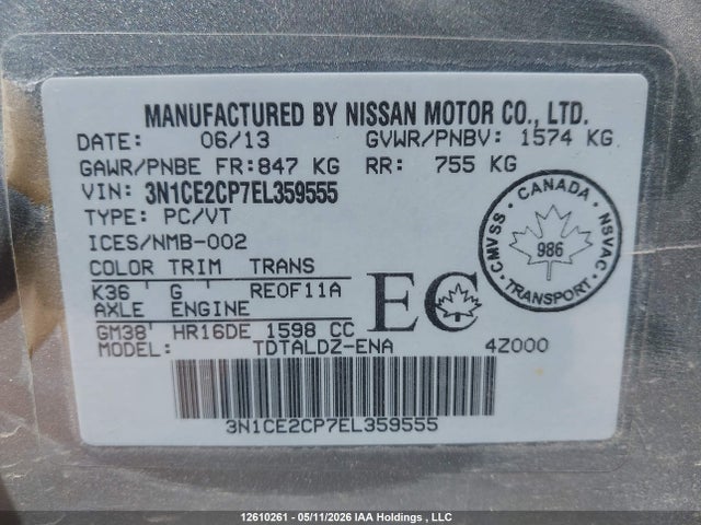 Продаж на аукціоні авто 2014 Nissan Versa Note 1.6 S/1.6 Sl/1.6 Sv, vin: 3N1CE2CP7EL359555, номер лоту: 12610261