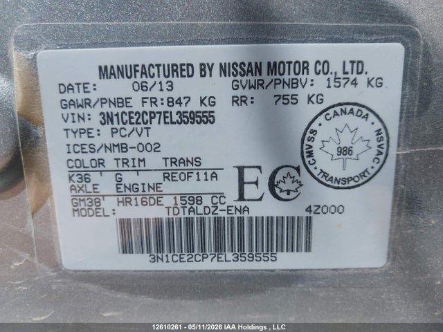 Продаж на аукціоні авто 2014 Nissan Versa Note 1.6 S/1.6 Sl/1.6 Sv, vin: 3N1CE2CP7EL359555, номер лоту: 12610261