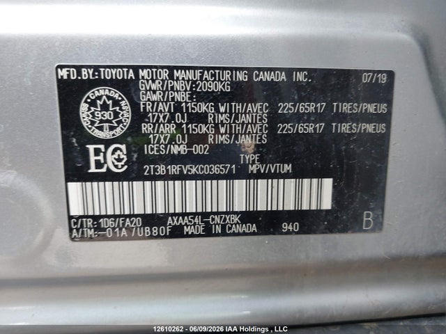 12610262 :رقم المزاد ، 2T3B1RFV5KC036571 vin ، 2019 Toyota Rav4 Le مزاد بيع